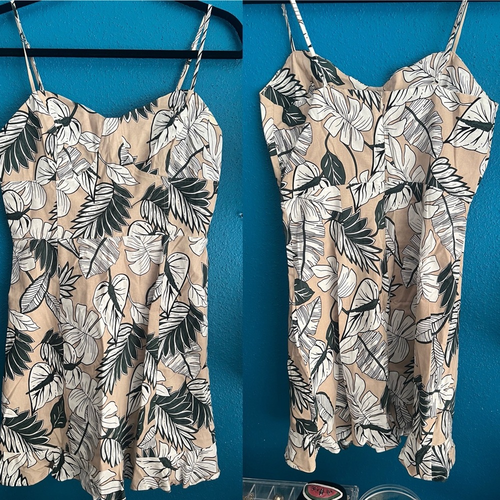 Lush Beige and Black Leaf Print Mini Dress